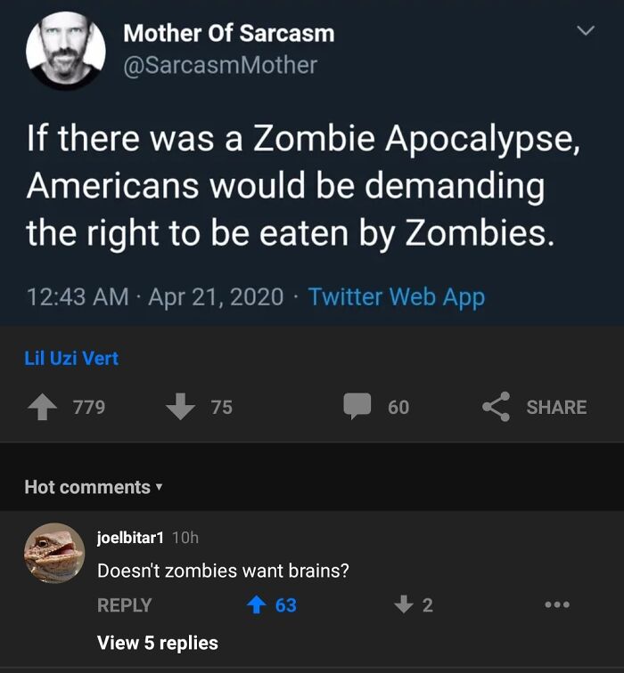 A blursed screenshot of a tweet about a zombie apocalypse, with a funny comment below it.