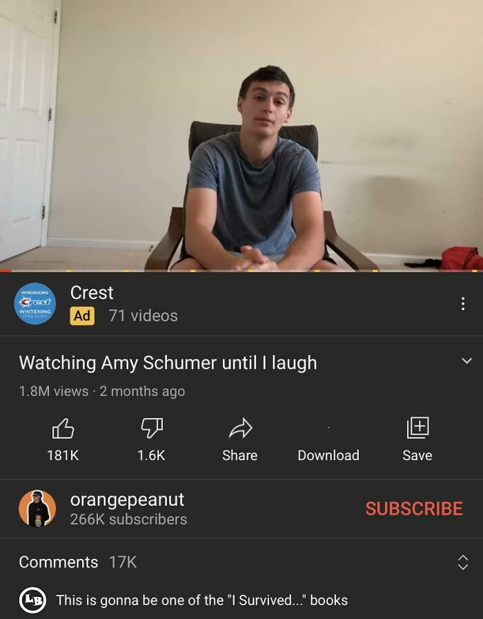 A blursed YouTube video screenshot titled Watching Amy Schumer until I laugh, with a sarcastic comment.