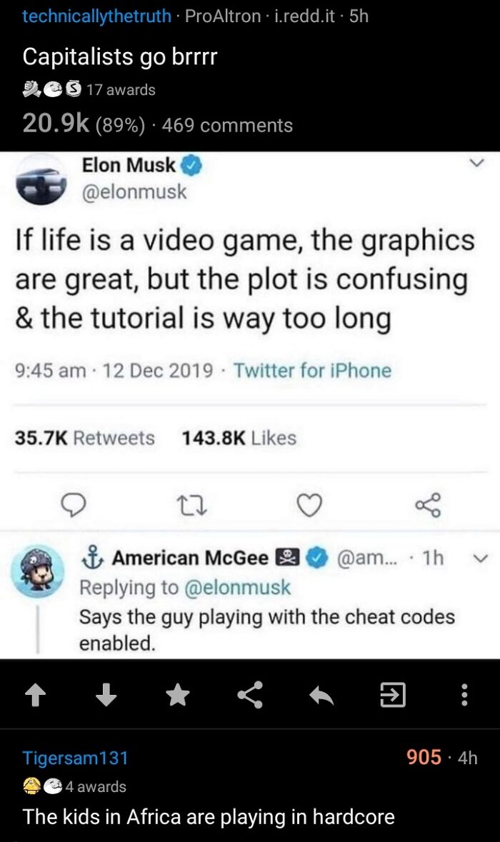 A blursed comment on an Elon Musk tweet: 'If life is a video game, the graphics are great, but the plot is confusing & the tutorial is way too long.' A user replies, 'The kids in Africa are playing in hardcore.'