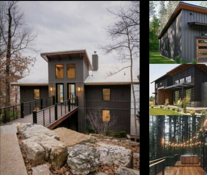 A split image shows an Airbnb listing with a modern house in a wooded setting on the left and various exterior views of the property on the right, highlighting Airbnb listing accuracy.