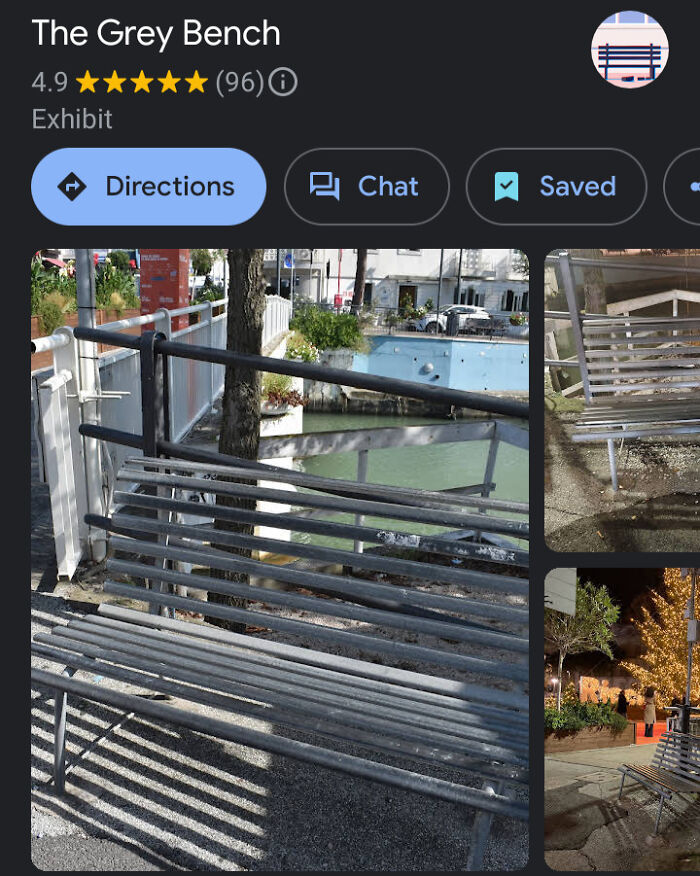 A Google Maps screenshot shows a metal bench next to a canal, an odd thing found by people.