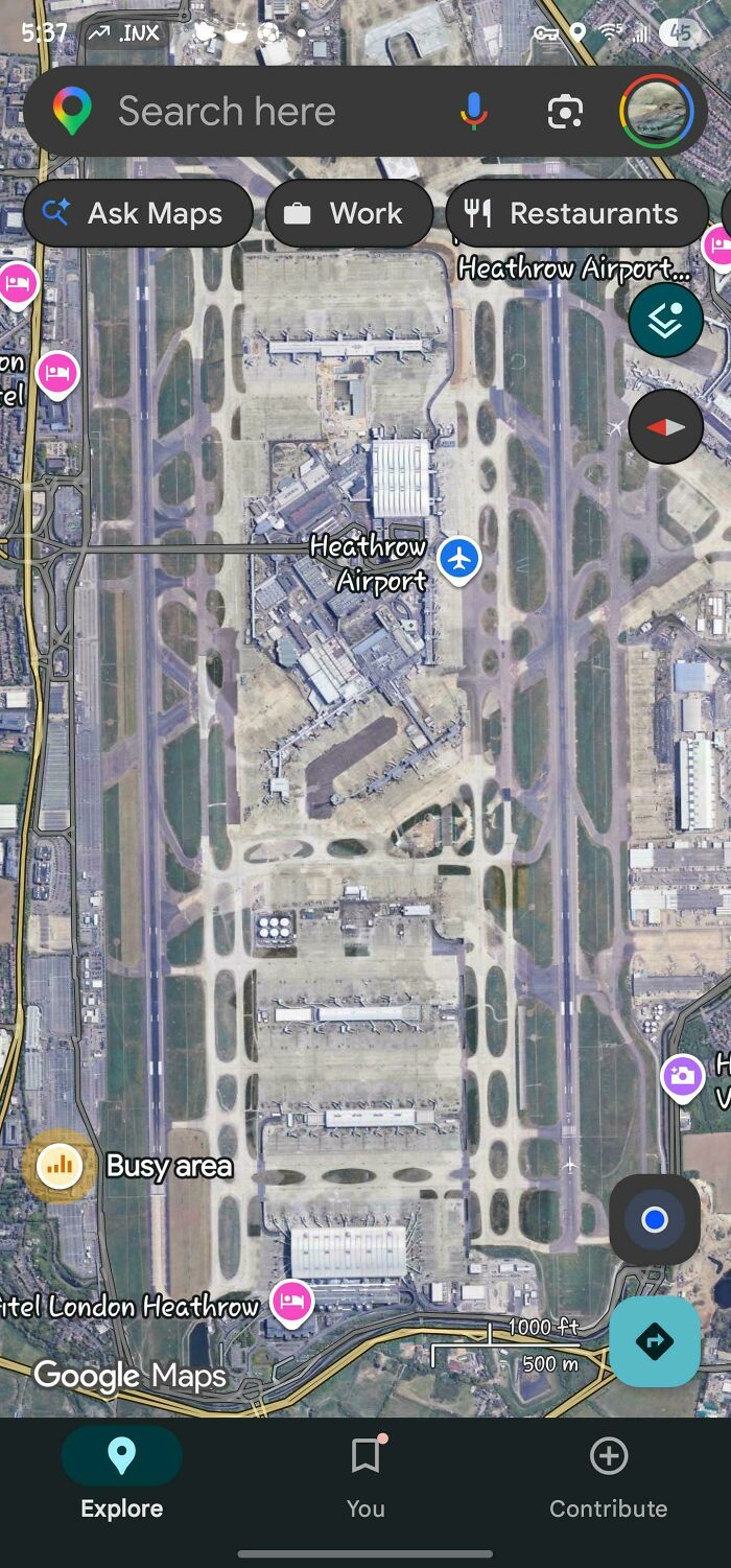 People found odd things on Google Maps, featuring an aerial view of Heathrow Airport, London.