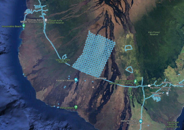A wide shot from Google Maps showing a large map with a distinctive blue grid pattern over a landmass. The image highlights an odd find on Google Maps.