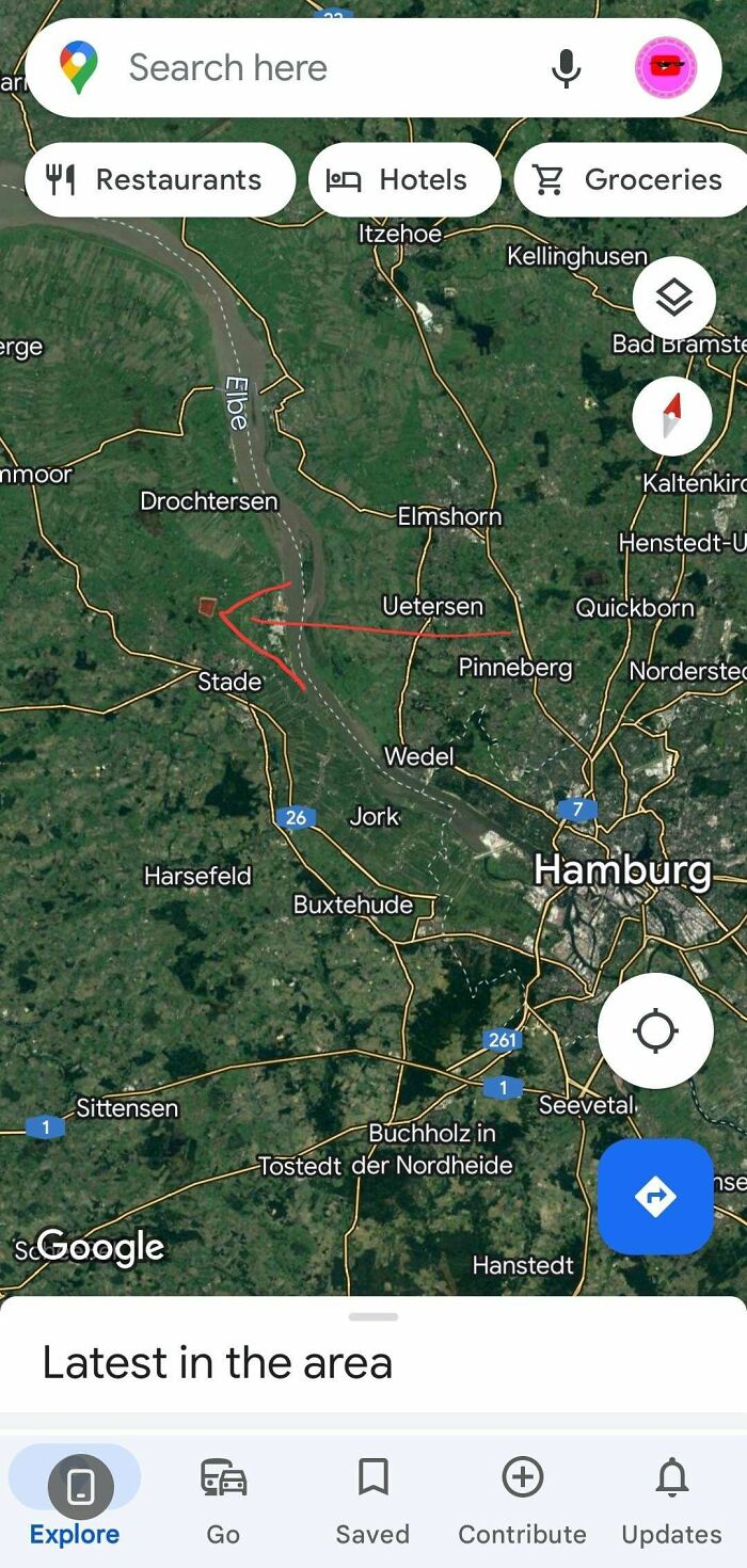 A screenshot from Google Maps showing a map of a region, with a red arrow pointing to a location. The image captures the detail and precision of Google Maps.