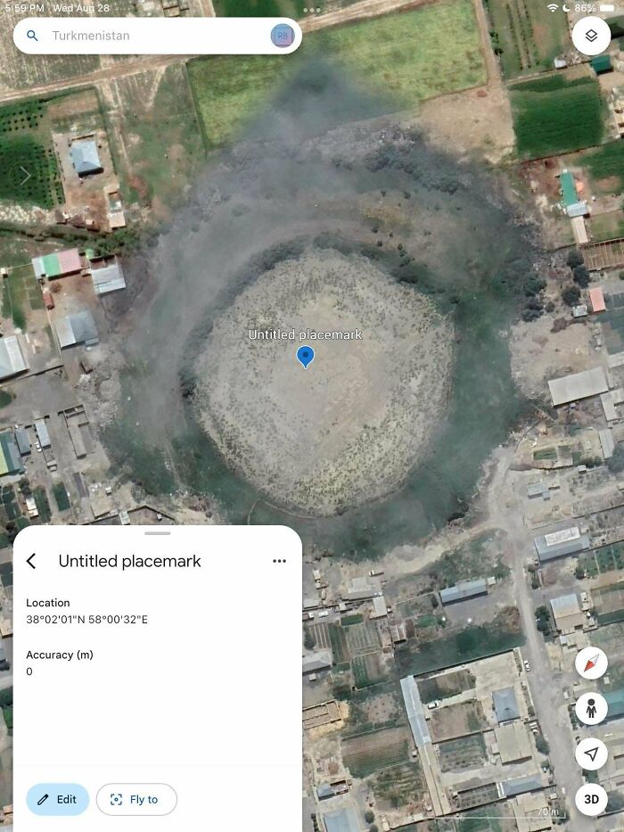 A large, circular crater-like formation on Google Maps labeled as 'Untitled placemark', an odd thing.