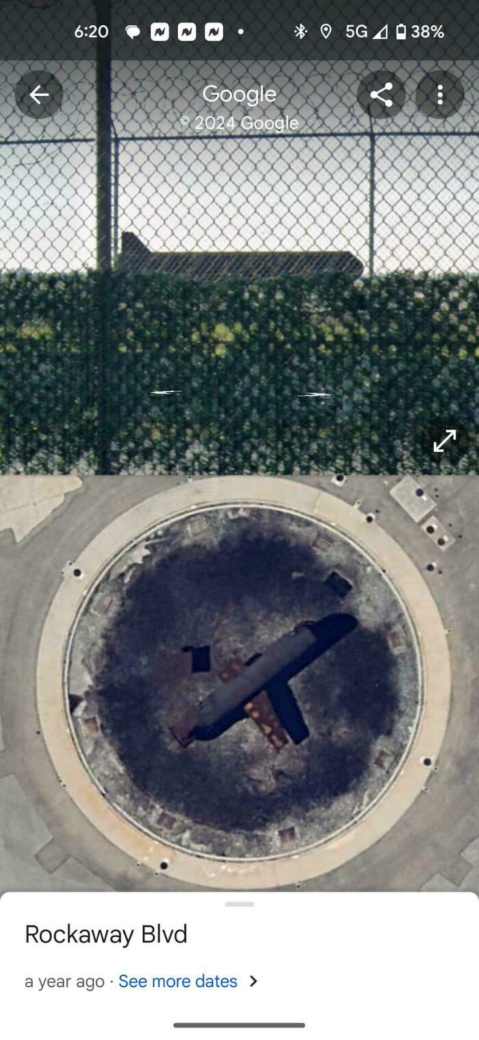 Odd things on Google Maps: a split image showing a fence and a circular concrete structure with a dark, cross-like shape inside.