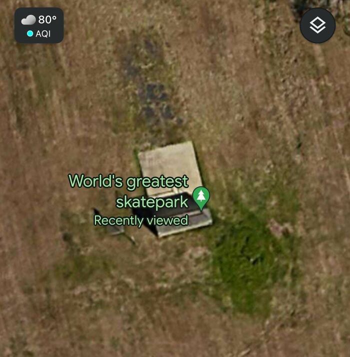 A Google Maps satellite view displaying a label for World's greatest skatepark on a small concrete slab, among odd things found.
