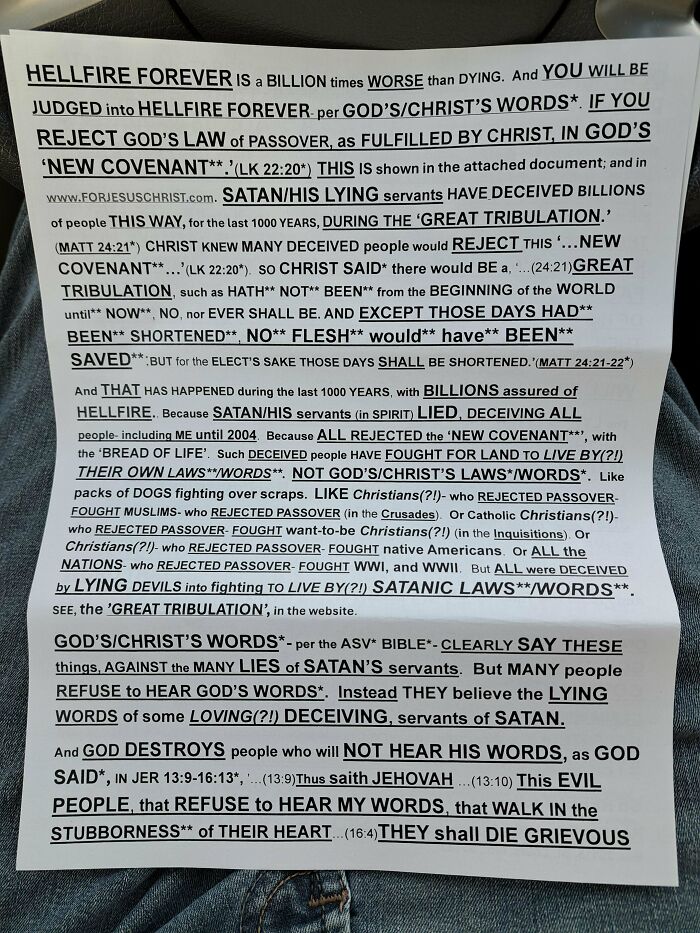 A printed flyer filled with text about religious damnation and deception, illustrating reasons for little hope for humanity.