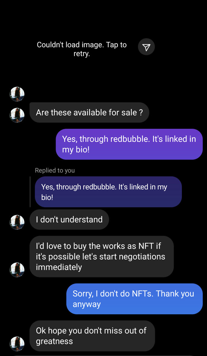 A chat conversation where someone tries to buy art as an NFT after being told it is on Redbubble, showing little hope for humanity.