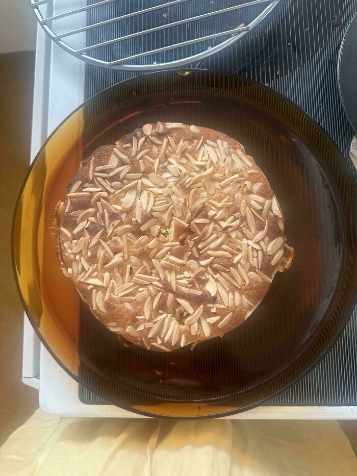 An overhead view of a cake topped with sliced almonds, highlighting reasons for little hope for humanity.
