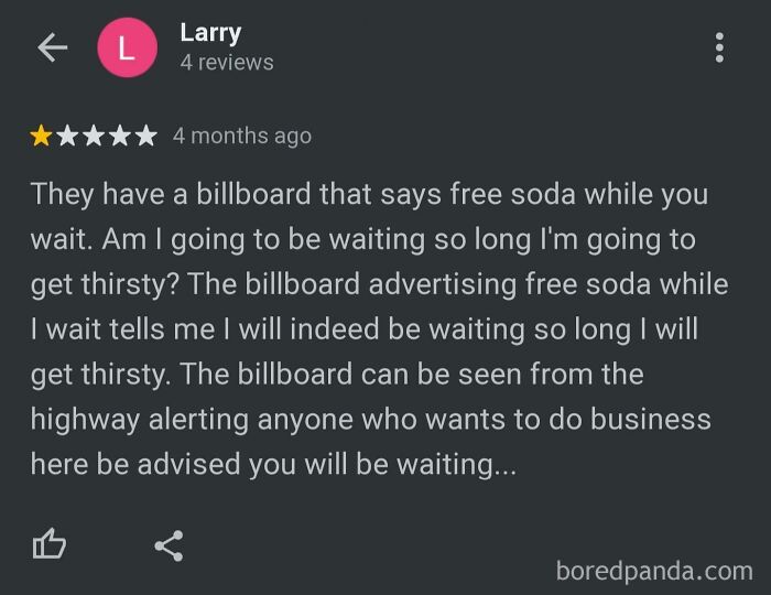A customer review by Larry about a billboard promising free soda but implying long waits, highlighting little hope for humanity.