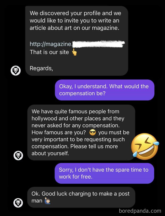 A text message conversation where a person is asked to write for a magazine for free, and the magazine responds by questioning their importance for asking for compensation, showing little hope for humanity.