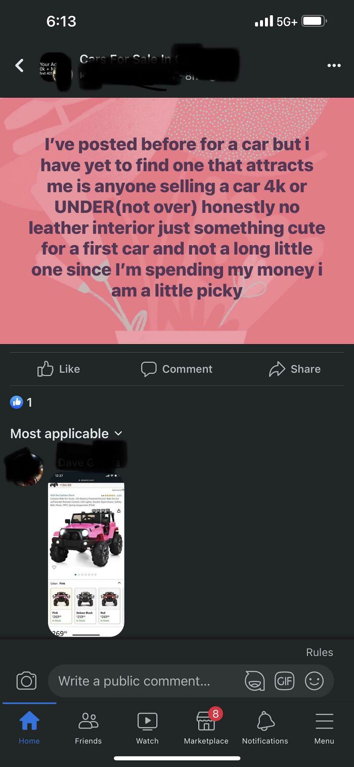 A Facebook post discussing the reasons there's little hope for humanity, specifically about finding a car for under $4k.