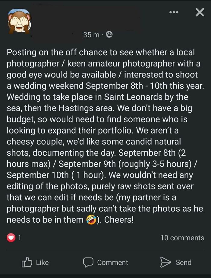 A Facebook post from a wedding weekend asking for a local photographer, highlighting reasons for little hope for humanity.