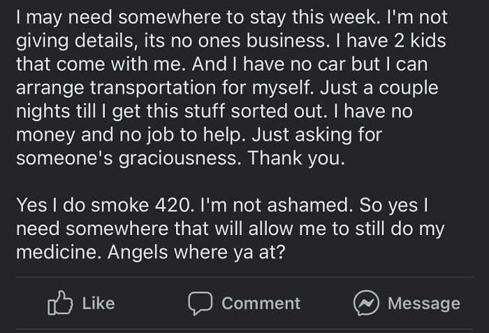 A social media post requesting housing while admitting to smoking 420, indicating a lack of hope for humanity.
