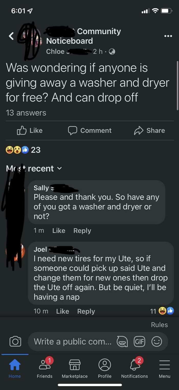 A social media post where someone asks for a free washer and dryer, showcasing little hope for humanity.
