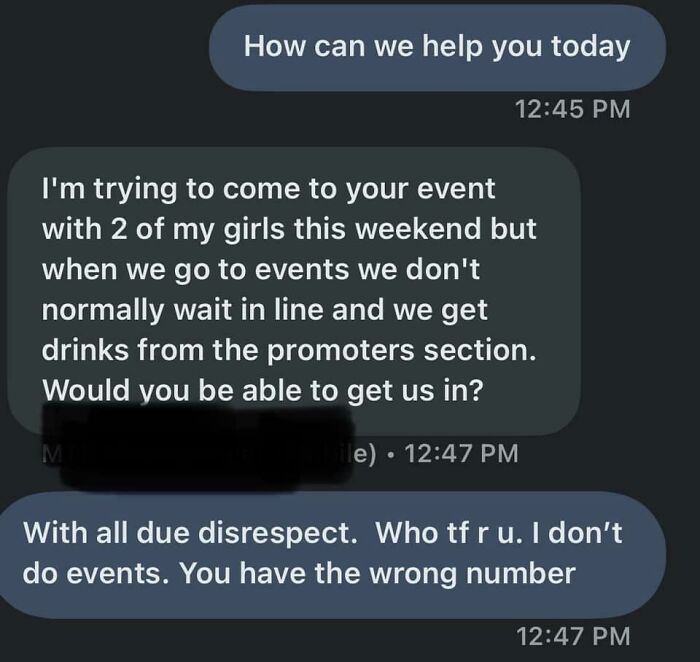 A text message conversation where someone demands special treatment for an event, highlighting little hope for humanity.