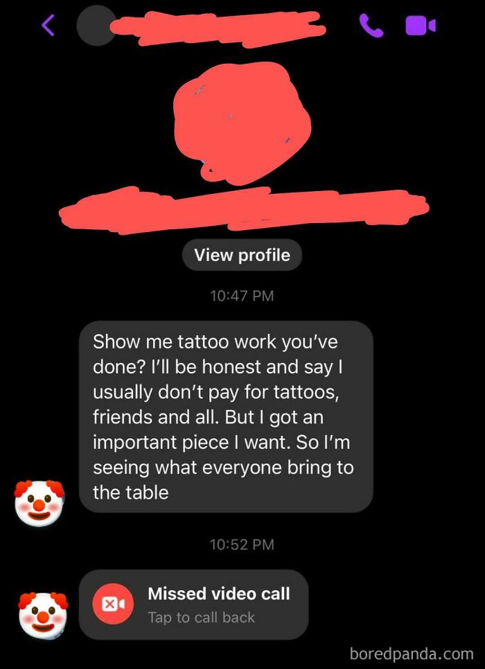 A text message conversation where someone asks for free tattoo work, illustrating little hope for humanity.
