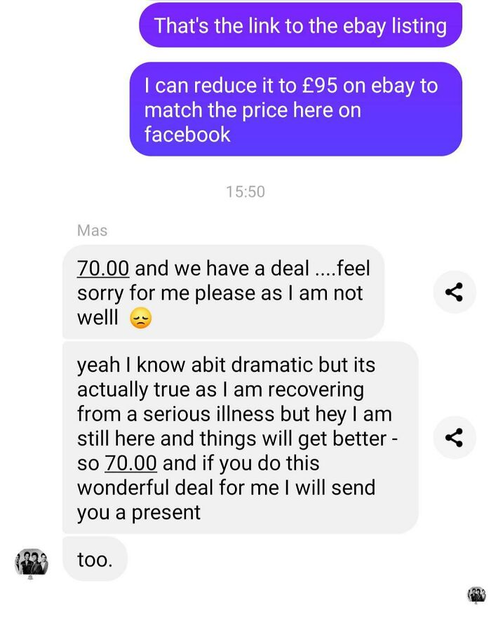 A text message conversation where someone tries to bargain for a lower price by claiming illness, showing little hope for humanity.