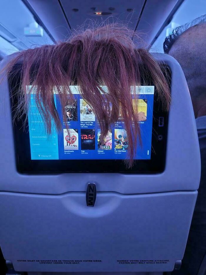 Red hair draped over an airplane seat-back screen, an absurd scene showing little hope for humanity.