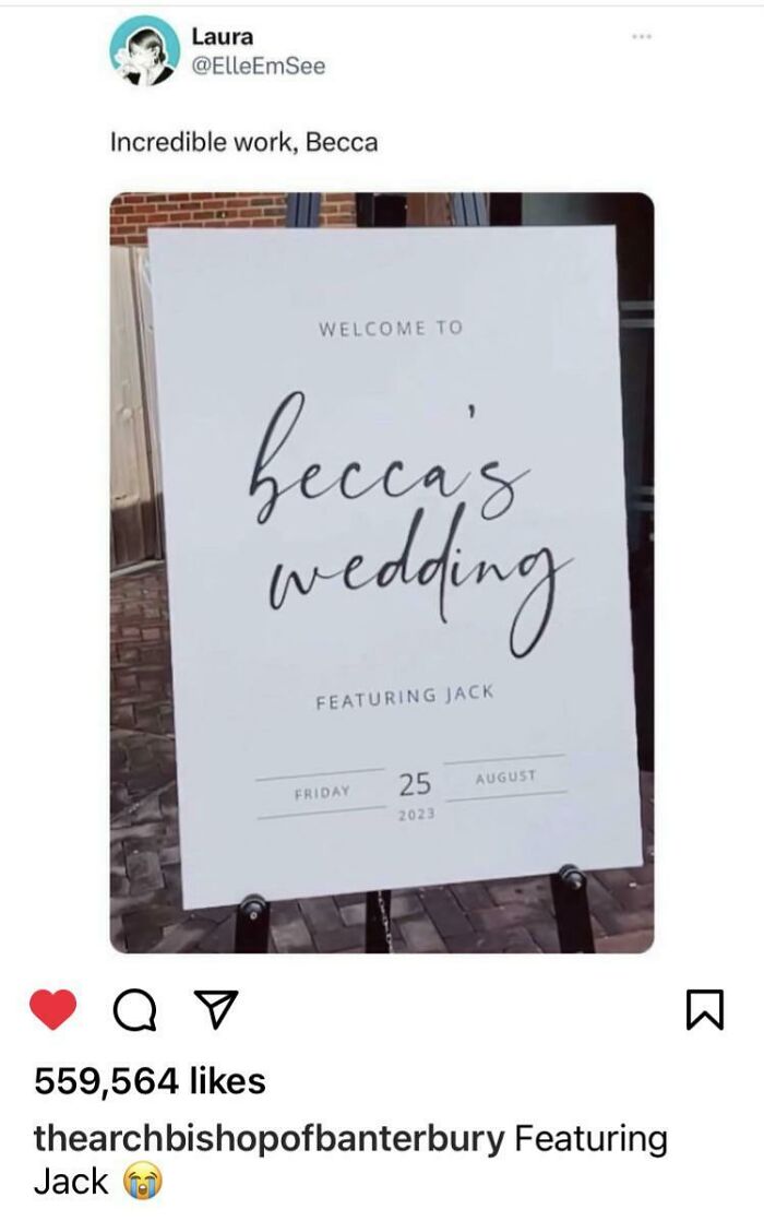 A welcome sign for 'Becca's wedding featuring Jack' with a typo, an example of reasons for little hope for humanity.