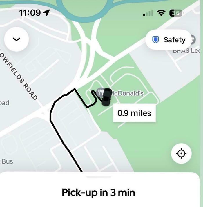 A navigation map showing a car taking a convoluted route to McDonald's, illustrating reasons for little hope for humanity.