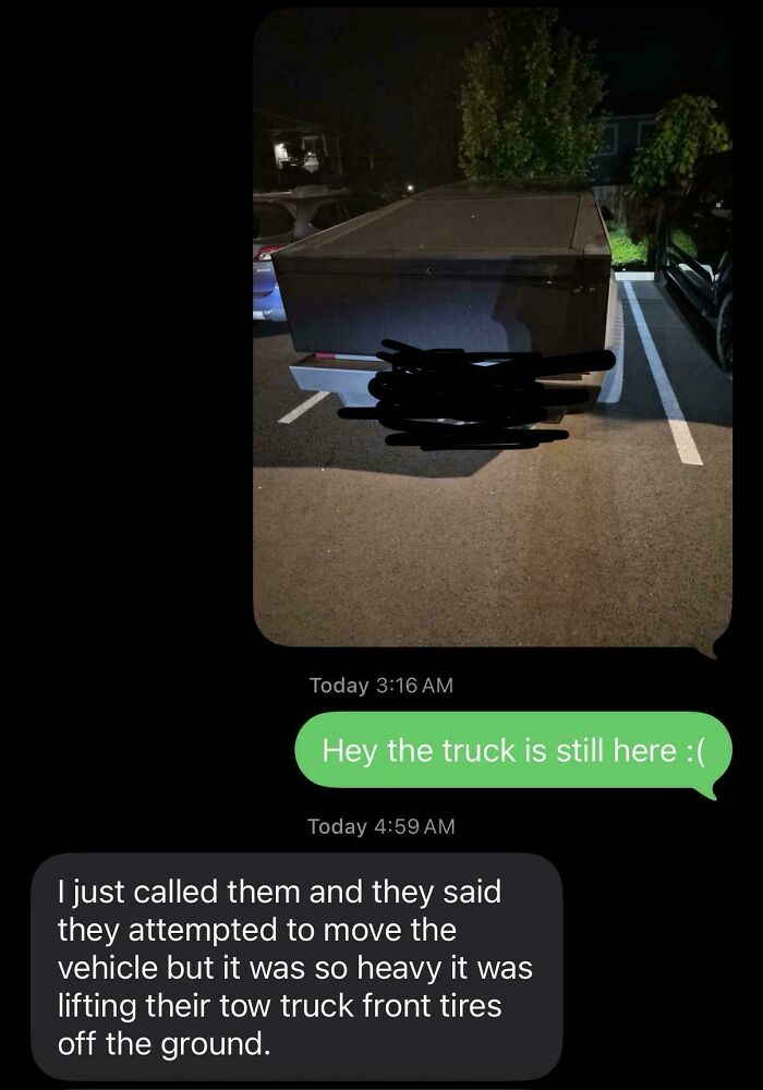 A text message exchange about an immoveable heavy truck, reflecting reasons for little hope for humanity.