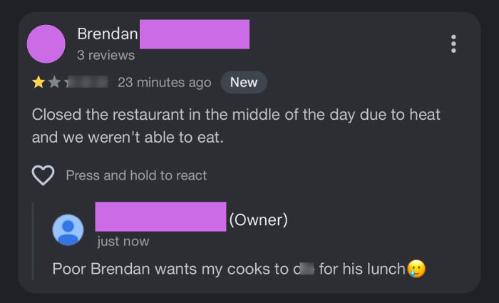 A restaurant review and owner's response, highlighting little hope for humanity.