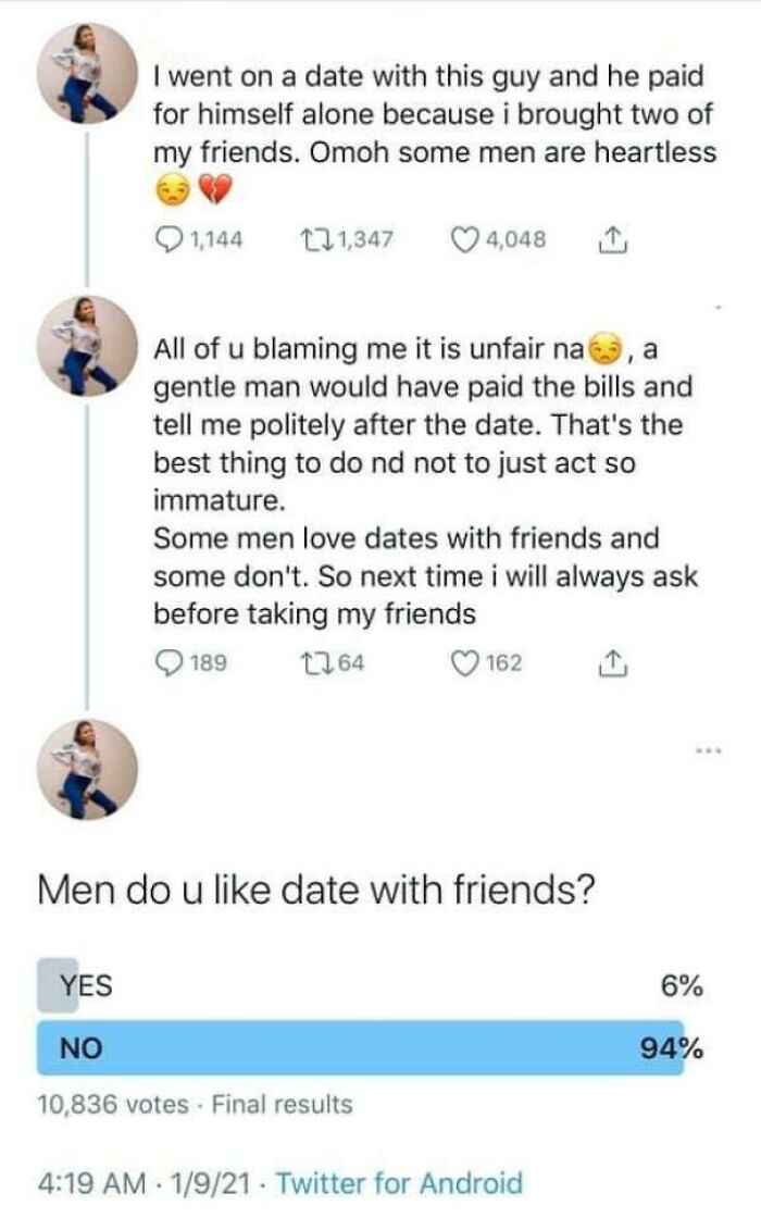 A series of tweets and a poll about a date where friends were brought, highlighting people's lack of hope for humanity.