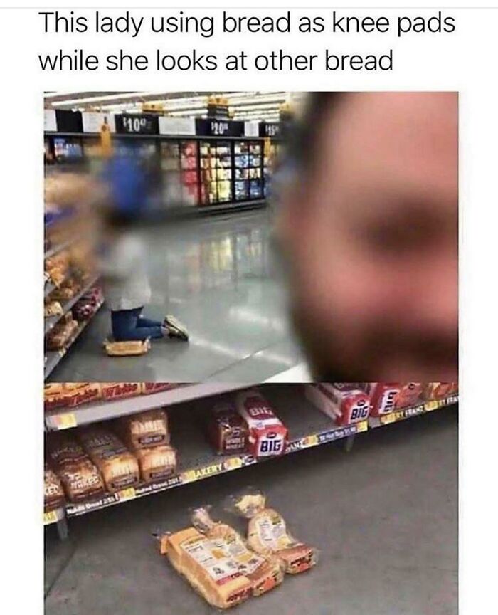A woman kneeling on bread in a supermarket aisle, causing little hope for humanity.