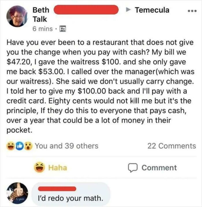 A Facebook post about a woman miscalculating change at a restaurant, showing little hope for humanity.