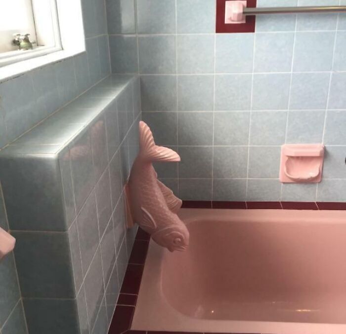 A pink fish-shaped soap dish on a pink bathtub with blue tiles, an unusual find that people lost hope to find.