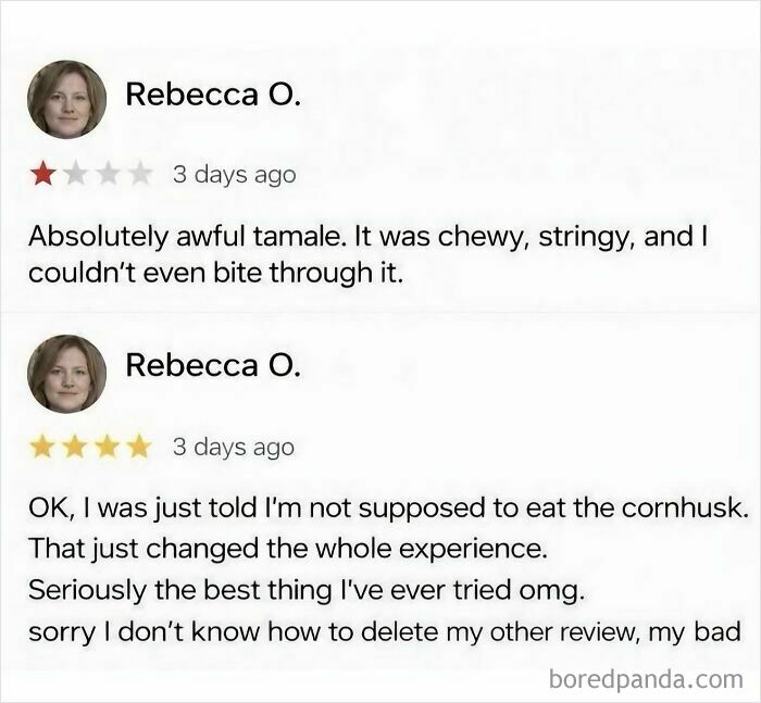 A screenshot showing two reviews from Rebecca O. about a tamale, demonstrating character development.