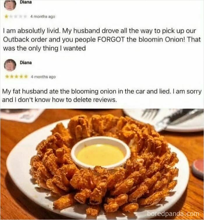 A humorous customer review with unexpected character development about a husband eating the blooming onion.