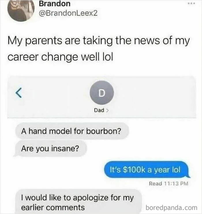 A screenshot showing unexpected character development in a text conversation about a career change.