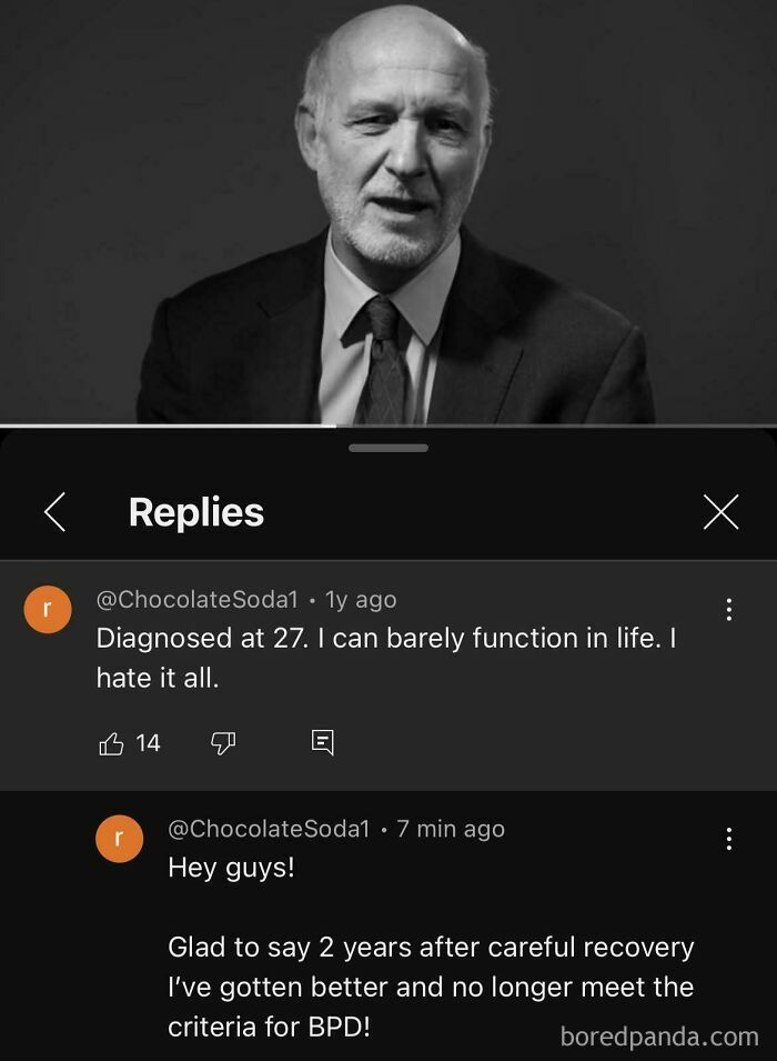 A screenshot of YouTube comments showing an ex-BPD sufferer's unexpected character development and recovery.