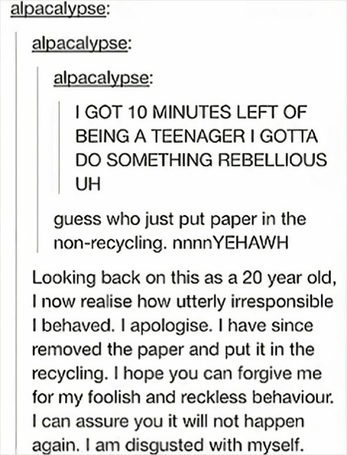 Screenshot of a Tumblr post illustrating humorous character development from a rebellious teenager to a regretful adult.