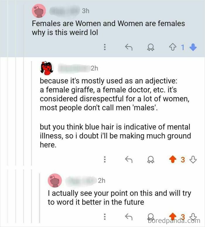 A Reddit thread capturing character development as one user explains why 'females' is often disrespectful, leading to the other user understanding.
