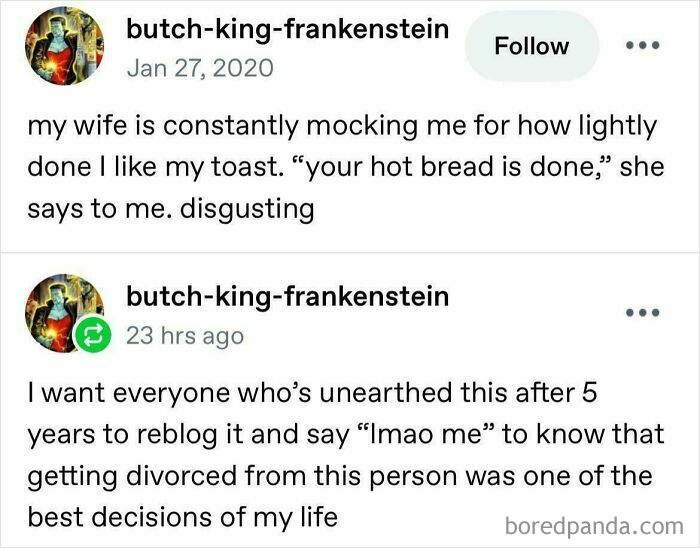 A Tumblr post showing unexpected character development, with a person realizing divorce was a good decision.