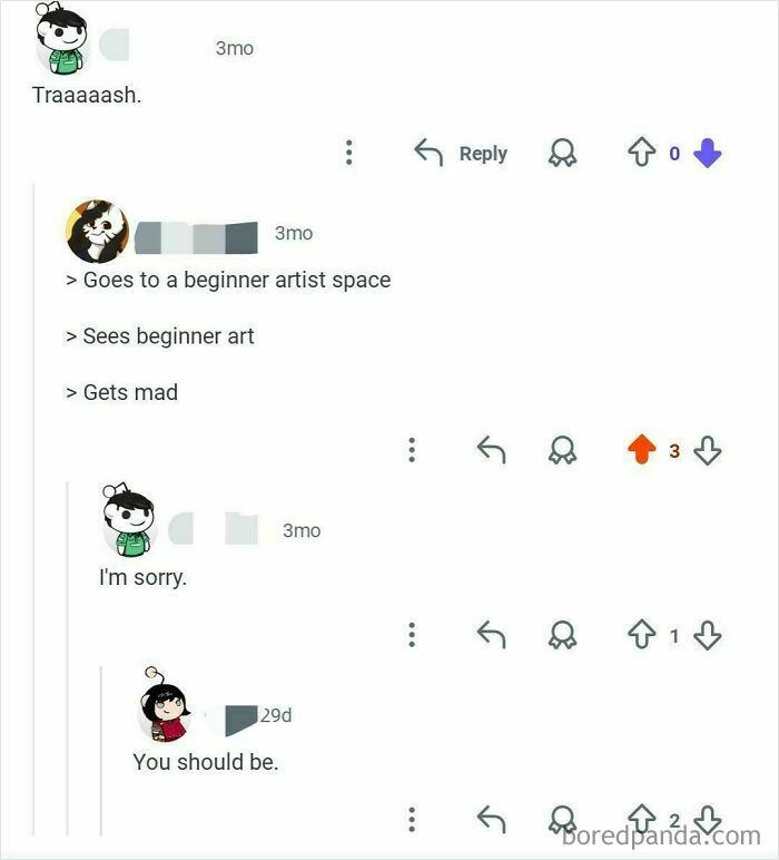 A screenshot of Reddit comments showing unexpected character development from rudeness to apology.