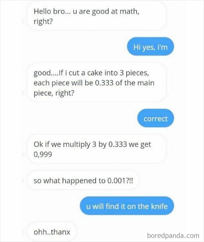 A phone screen displaying a text message conversation about math and cake, a fascinating find from the internet.