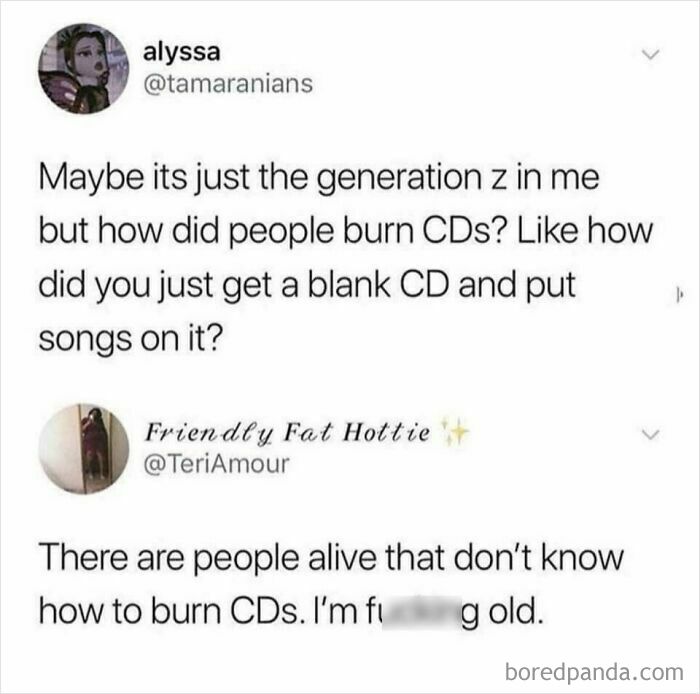 A screenshot of a tweet about Gen Z not knowing how to burn CDs, one of the fascinating finds.