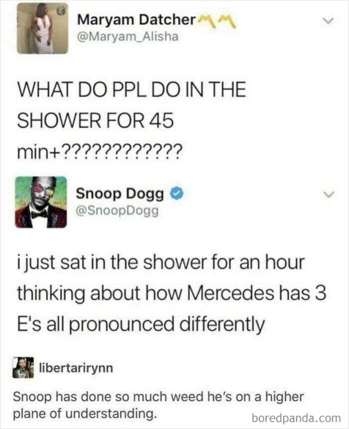 A Twitter conversation, a fascinating find on the internet, discussing Snoop Dogg's shower thoughts about Mercedes.