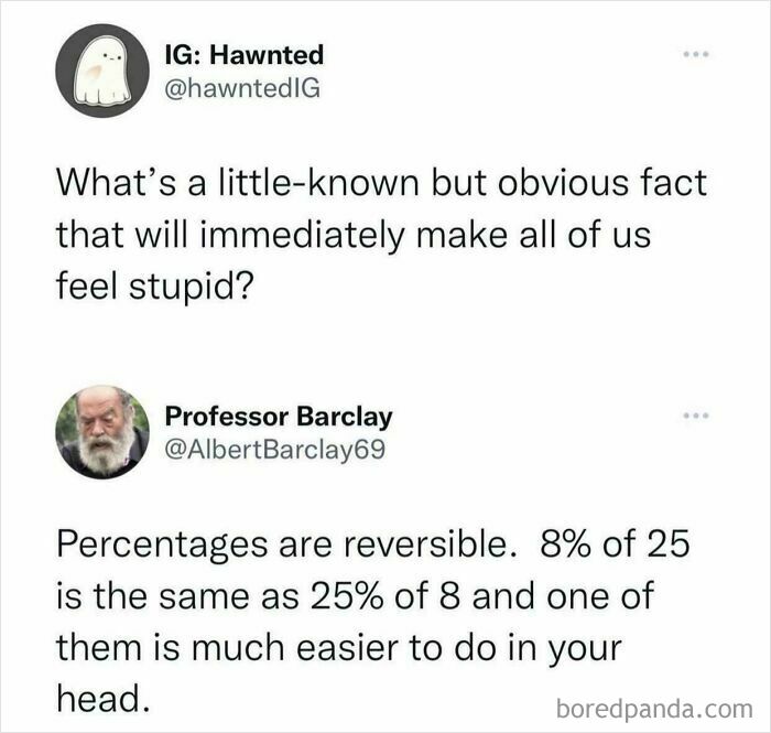 A tweet exchange about percentages being reversible, an obvious fact and a fascinating find from the internet.