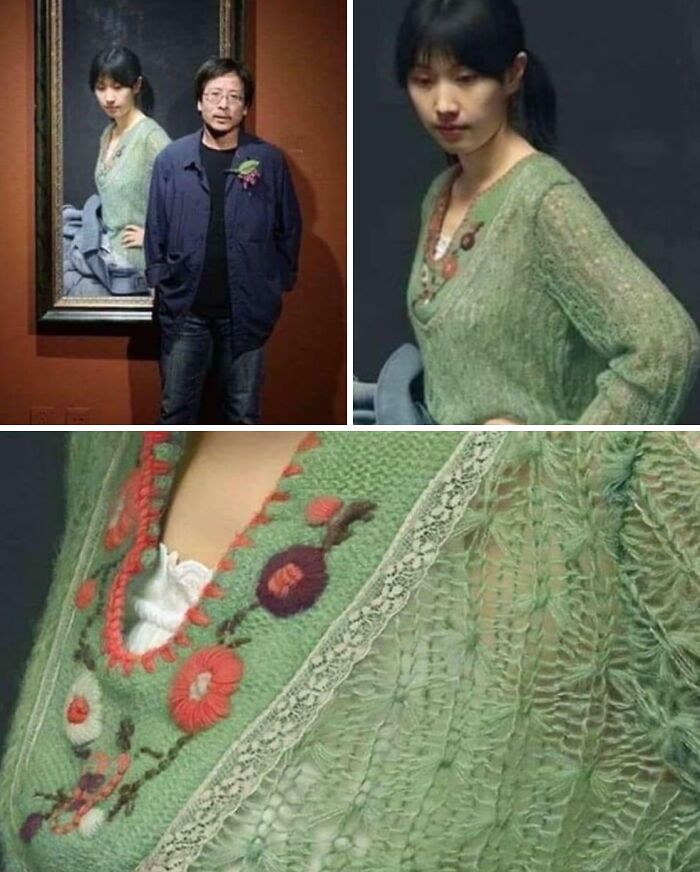 An incredibly realistic painting of a woman by Leng Jun, with close-ups showing intricate detail, a fascinating find.