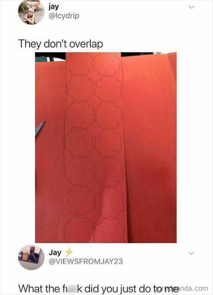 A fascinating find from the internet: a tweet showing perfectly non-overlapping cutouts on red paper.