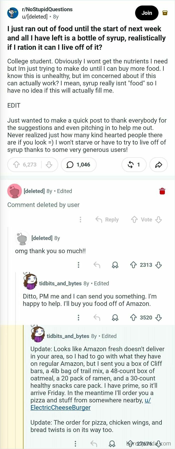 A Reddit user receives help after running out of food, demonstrating the best hall of fame comments.