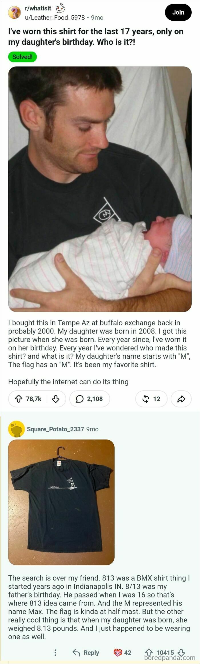 A screenshot of a Reddit post showing a man holding a baby, with an additional image of a black T-shirt below. This is one of the many comments that should be in the hall of fame.