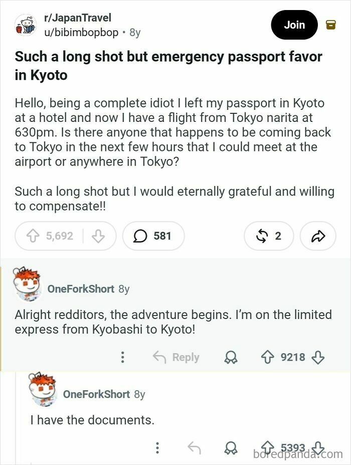 Reddit post seeking help for an emergency passport favor in Kyoto, highlighting quick thinking and community support.
