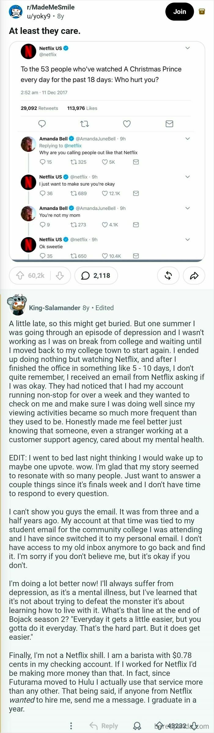 A user shares their story about Netflix's impact on their mental health, a heartfelt Reddit comment for the Hall of Fame.